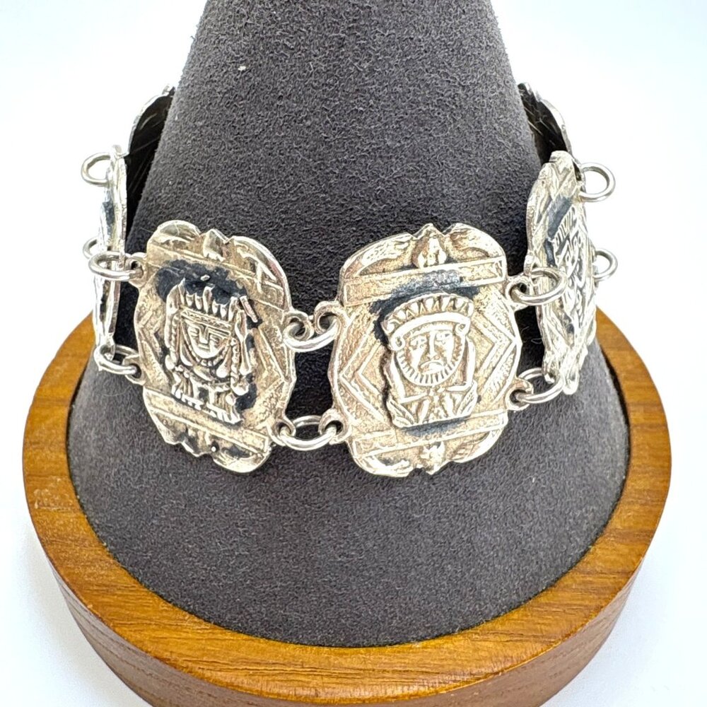 VTG Solid Sterling Silver 925 Aztec Native Design Link Chunky Bracelet 7.25"